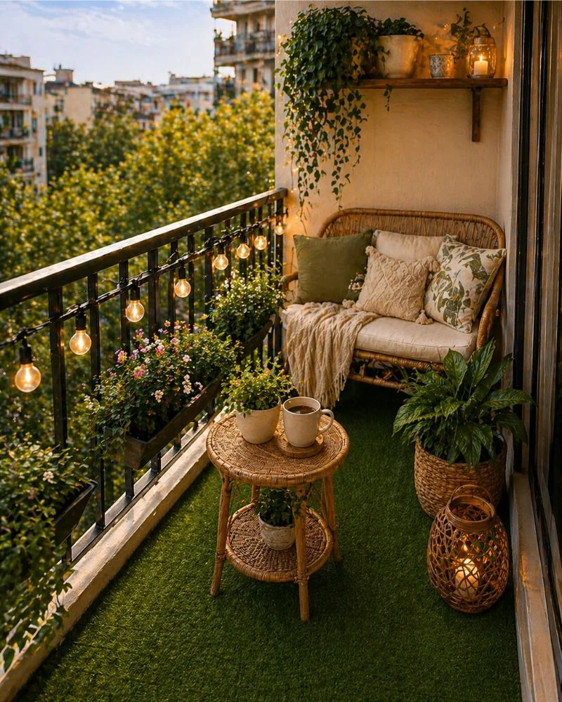 Small balcony floor covered with green artificial grass turf