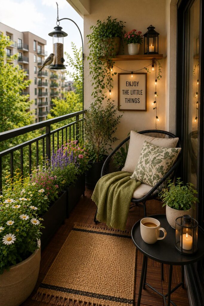 Small balcony bird feeder corner with hanging feeders attracting birds