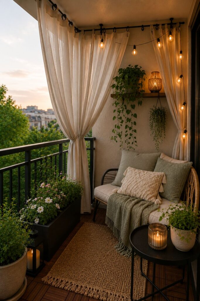 Small balcony with light outdoor curtains for privacy and shade