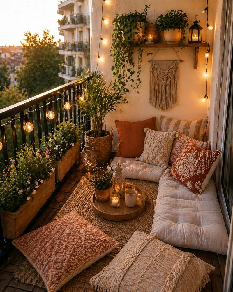 Small balcony floor seating with soft cushions and an outdoor rug