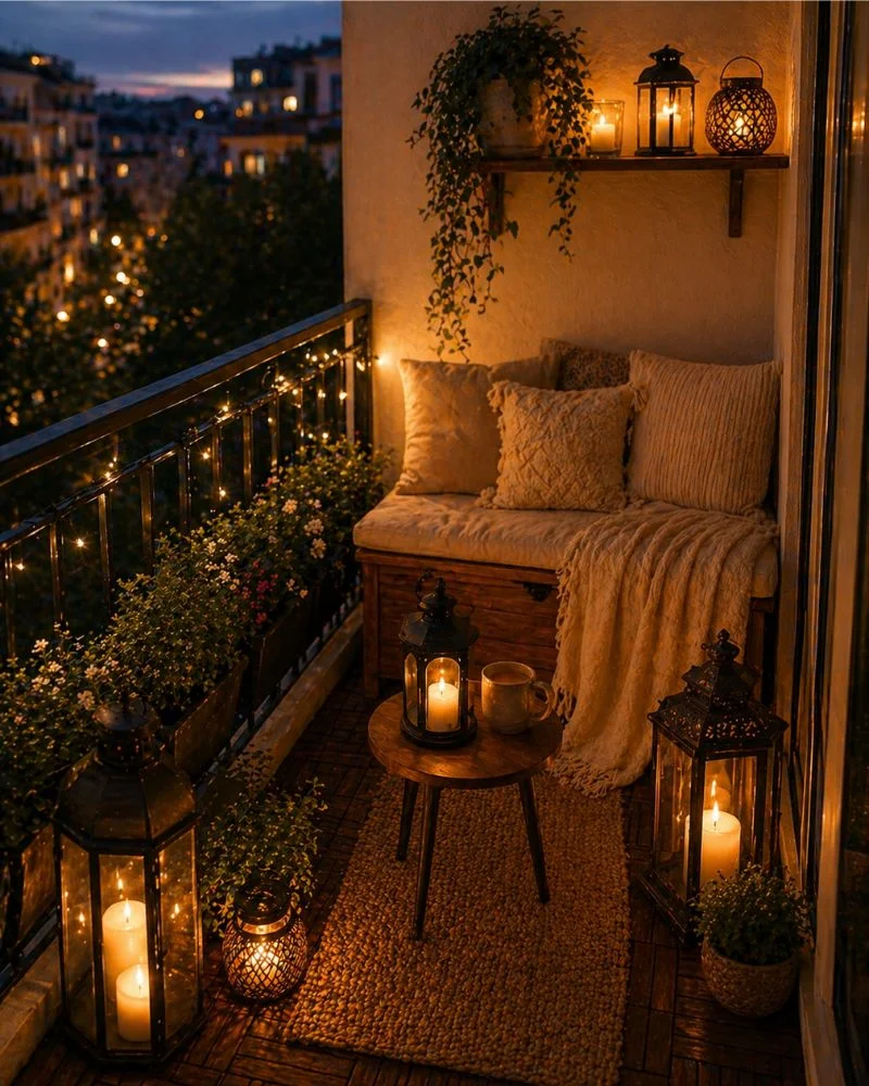 Small balcony decorated with glowing lanterns and LED candles