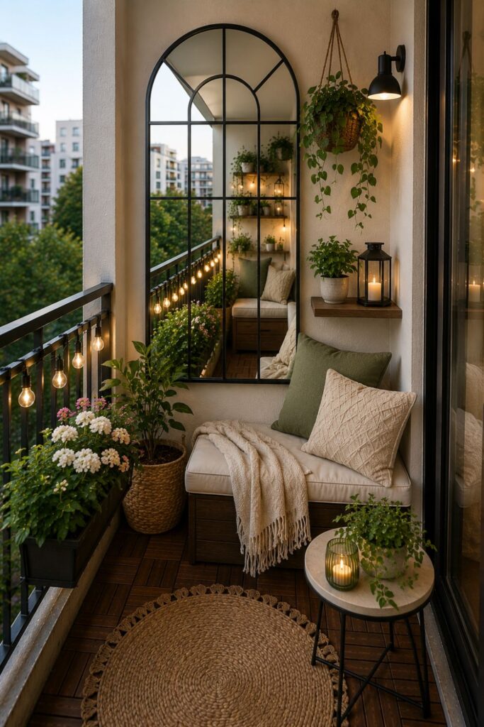 Outdoor mirror mounted on a small balcony wall to make the space feel larger
