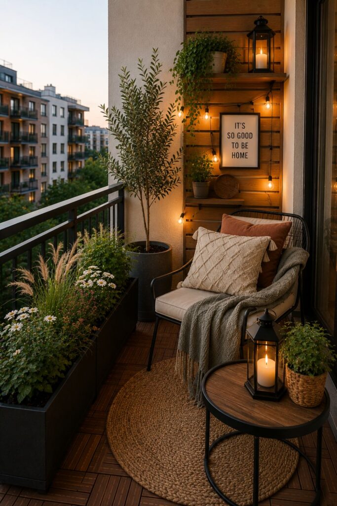 Small balcony mixing wood, metal, and fabric textures for a cozy layered look