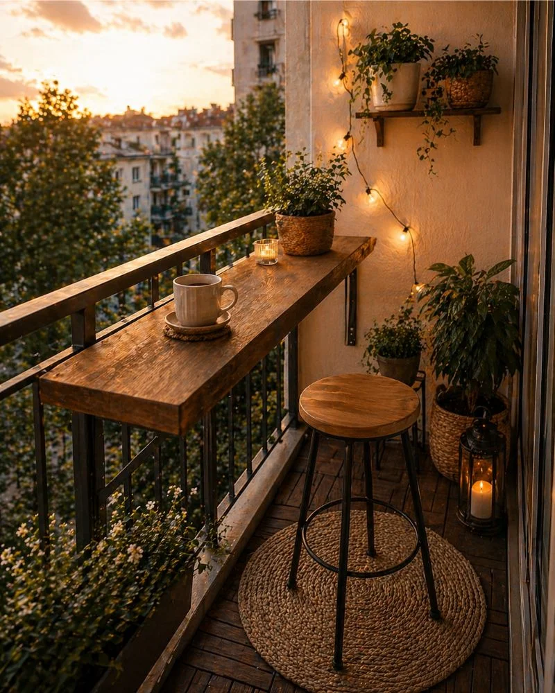Slim wooden railing bar table mounted on a small balcony railing