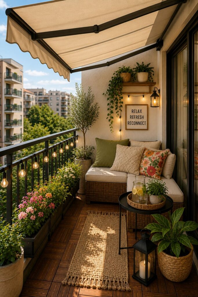 Small balcony with a retractable shade awning providing sun protection