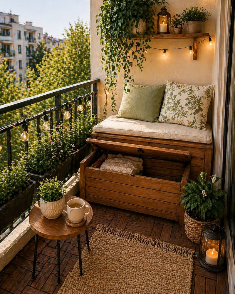 Small balcony bench with hidden storage and seat cushions