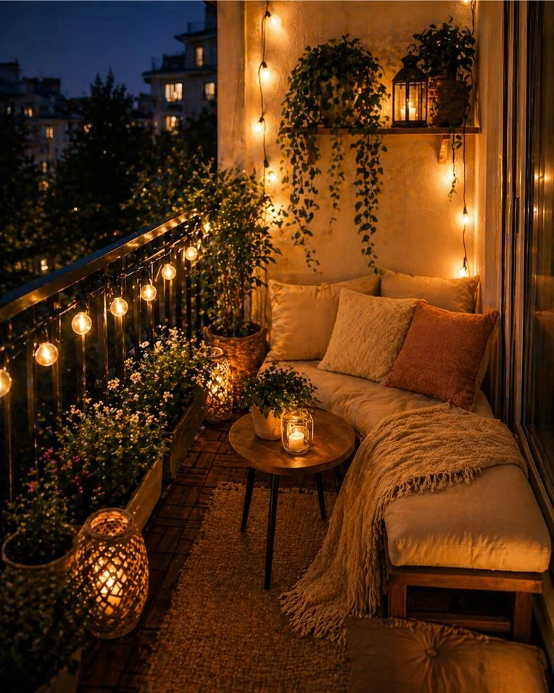 Small balcony decorated with warm glowing string lights at night