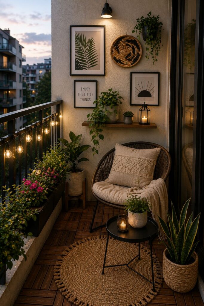 Balcony wall decorated with modern outdoor wall art and plants