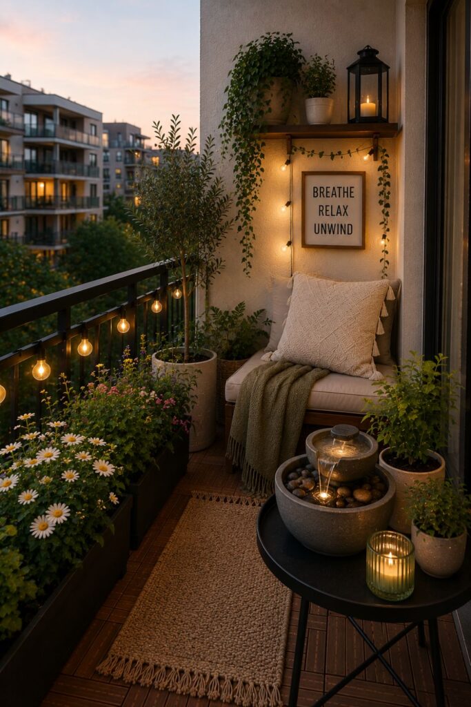 Small balcony with a tabletop water fountain