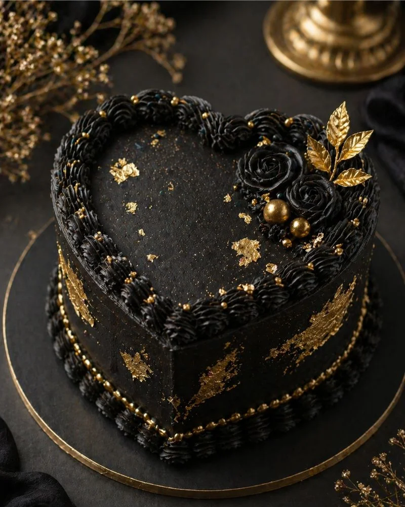 Black and gold mini heart cake with dark base and elegant gold details