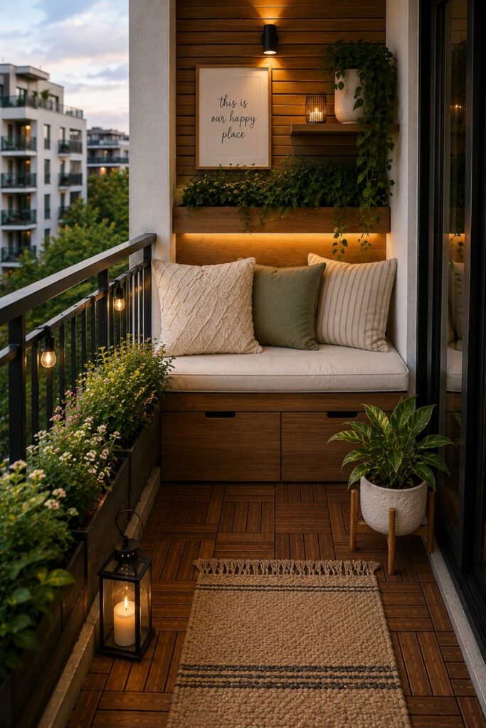 Built-in wooden bench seating with cushions on a small balcony