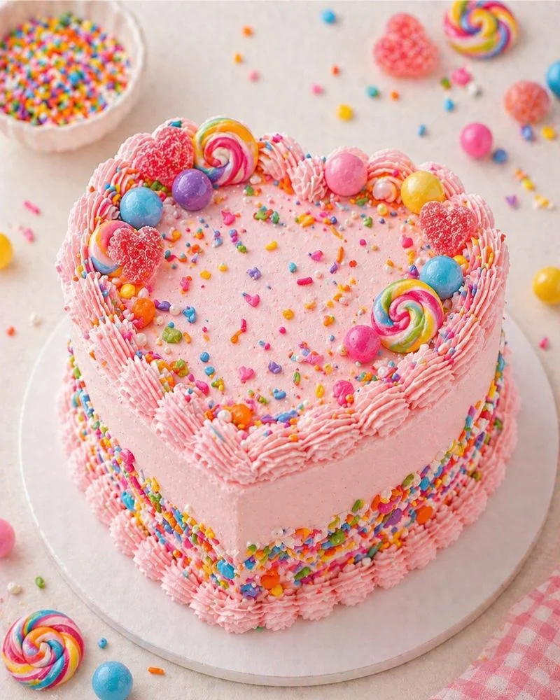 Candy theme mini heart cake with colorful sprinkles and candies