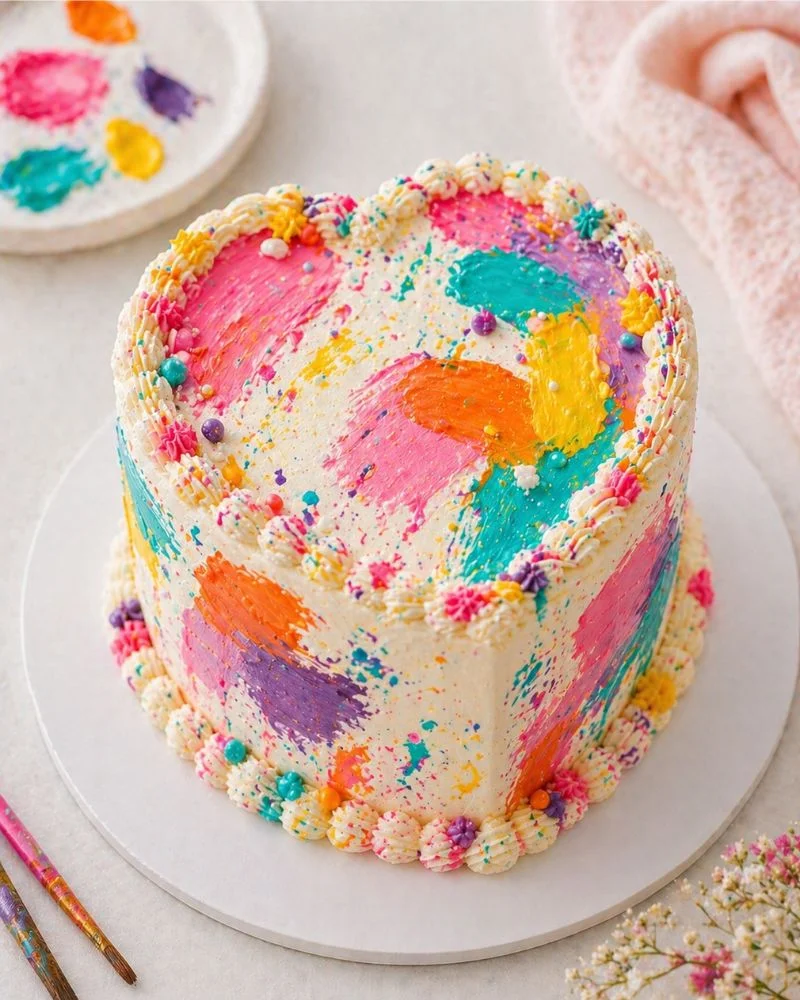 Color splash mini heart cake with abstract bright color strokes on white frosting