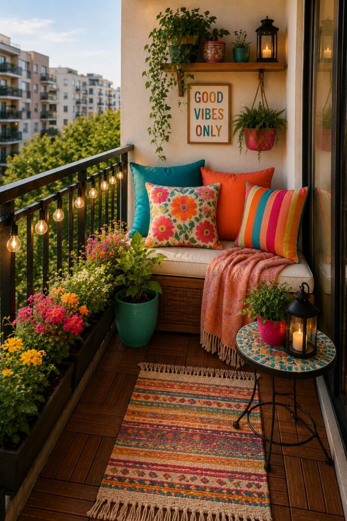 Small balcony decorated with colorful outdoor cushions and pillows
