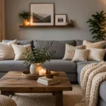 cozy grey living room with warm lighting and soft decor ideas