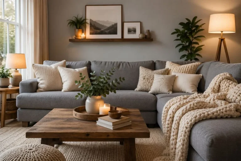 cozy grey living room with warm lighting and soft decor ideas