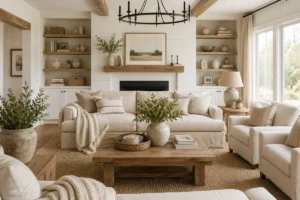 cozy minimalist farmhouse living room with neutral tones and natural light