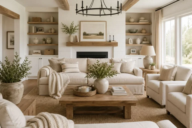 cozy minimalist farmhouse living room with neutral tones and natural light