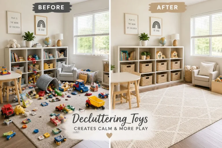 decluttering toys before and after kids room transformation