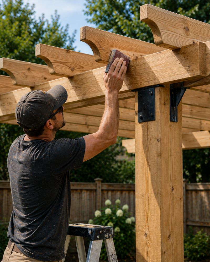 Sanding decorative cuts on pergola rafter ends for a finished look