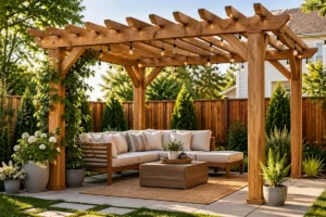 simple diy pergola in backyard with seating area