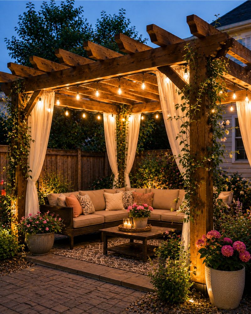 Finished DIY pergola decorated with string lights, curtains, and a seating area