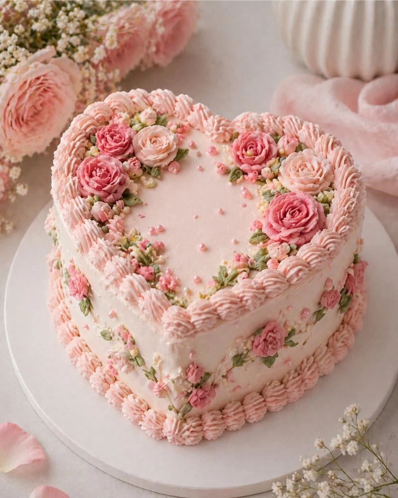 Floral buttercream mini heart cake covered in piped roses and small flowers