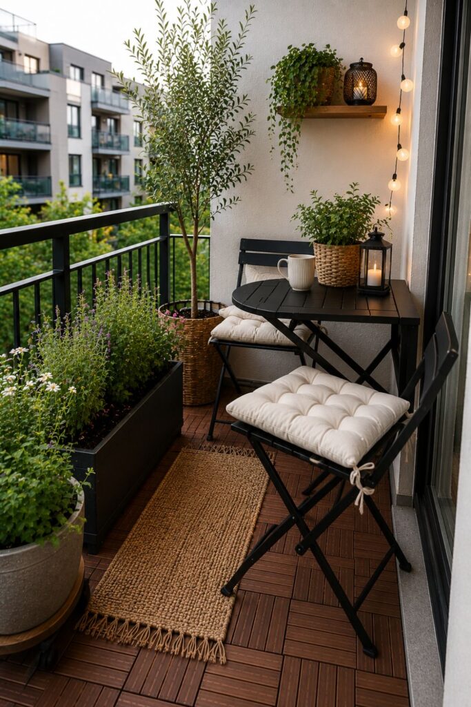 Foldable outdoor furniture setup on a small apartment balcony