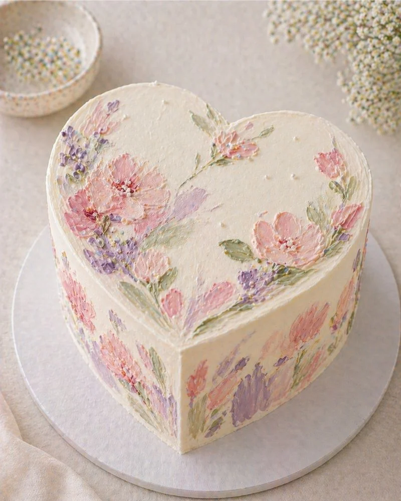 Hand painted mini heart cake with artistic brush strokes and painted flowers