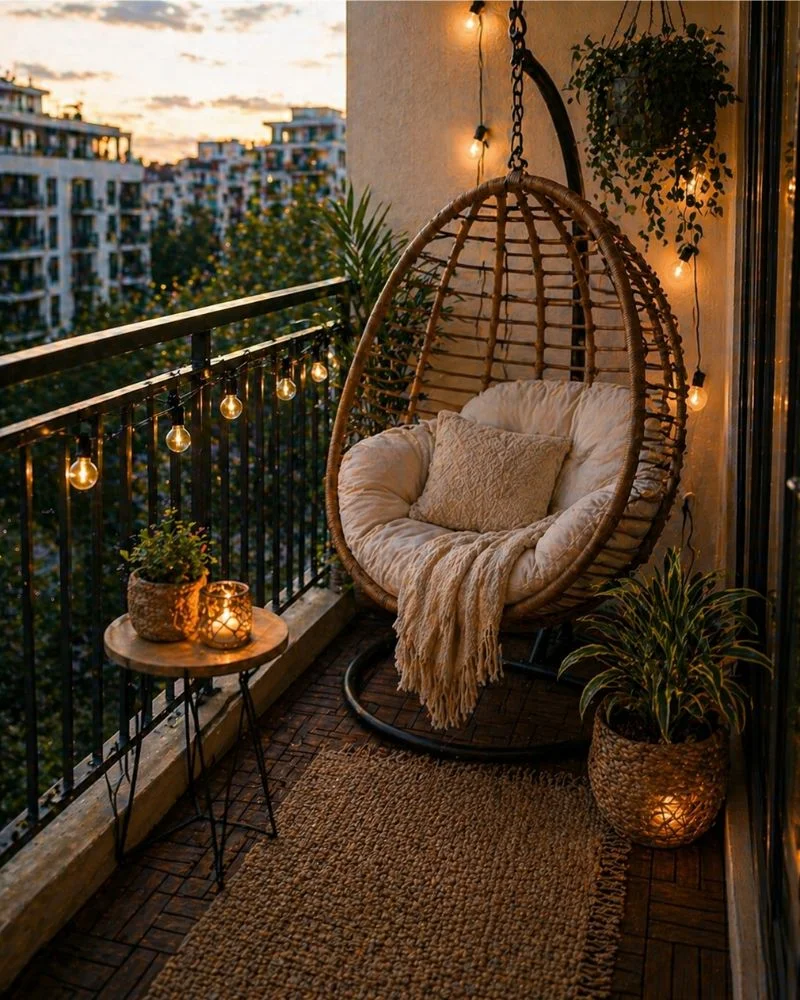 Stylish hanging egg chair on a small balcony with cushions