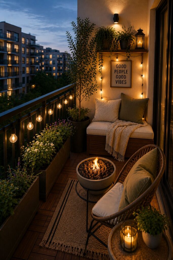 Mini tabletop fire bowl glowing on a cozy small balcony at night