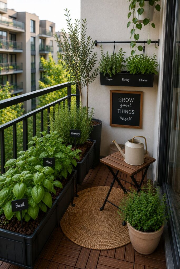 Mini herb garden on a small apartment balcony with potted basil and mint