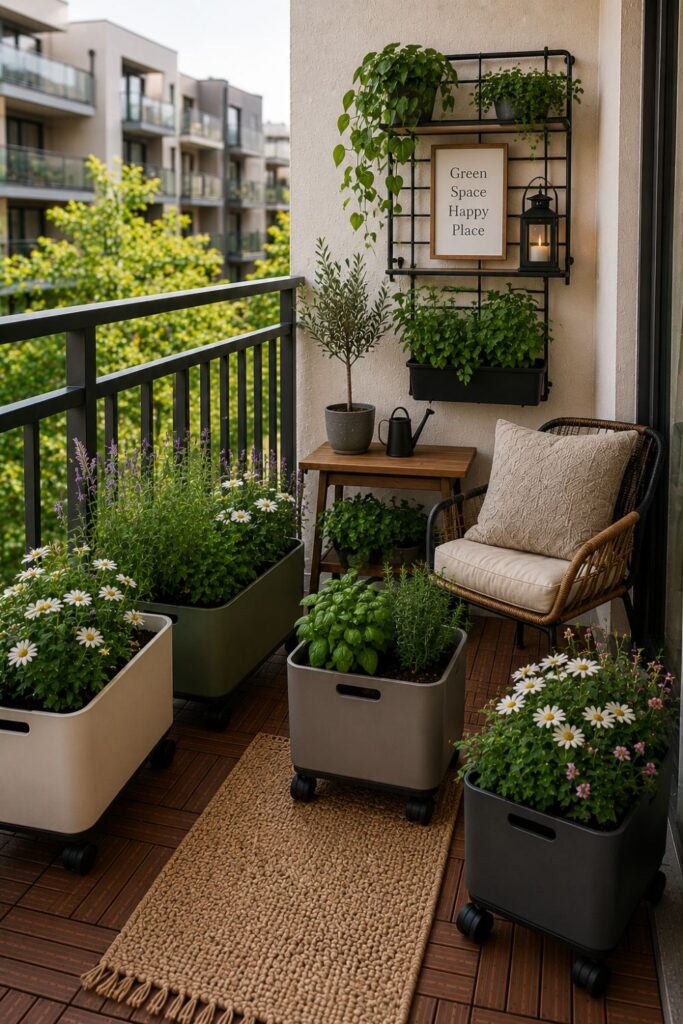 Movable planter boxes on wheels arranged on a small balcony