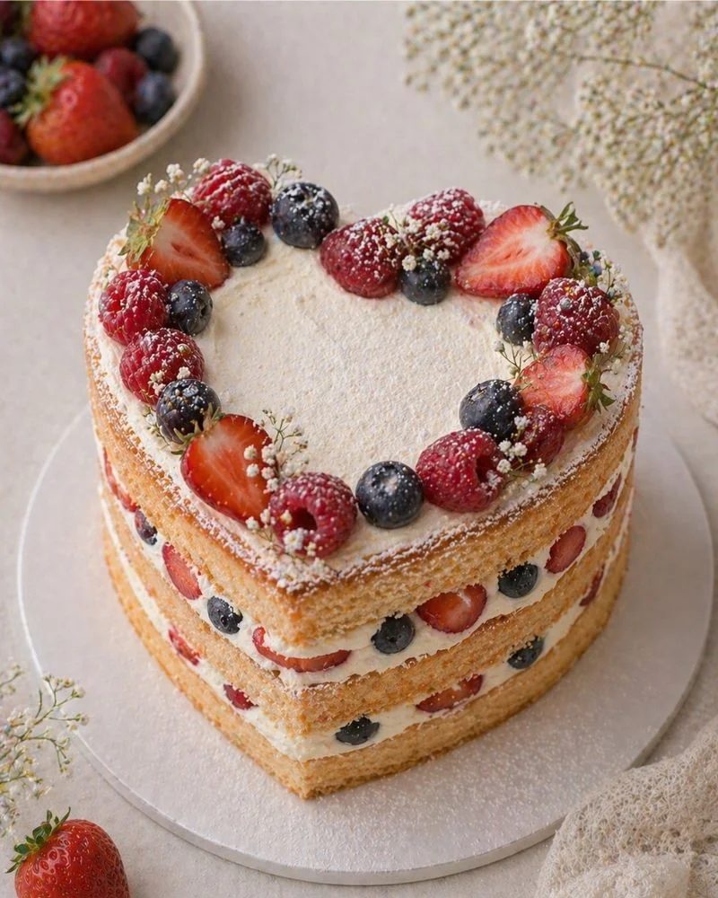 Naked mini heart cake with visible layers and fresh fruit topping