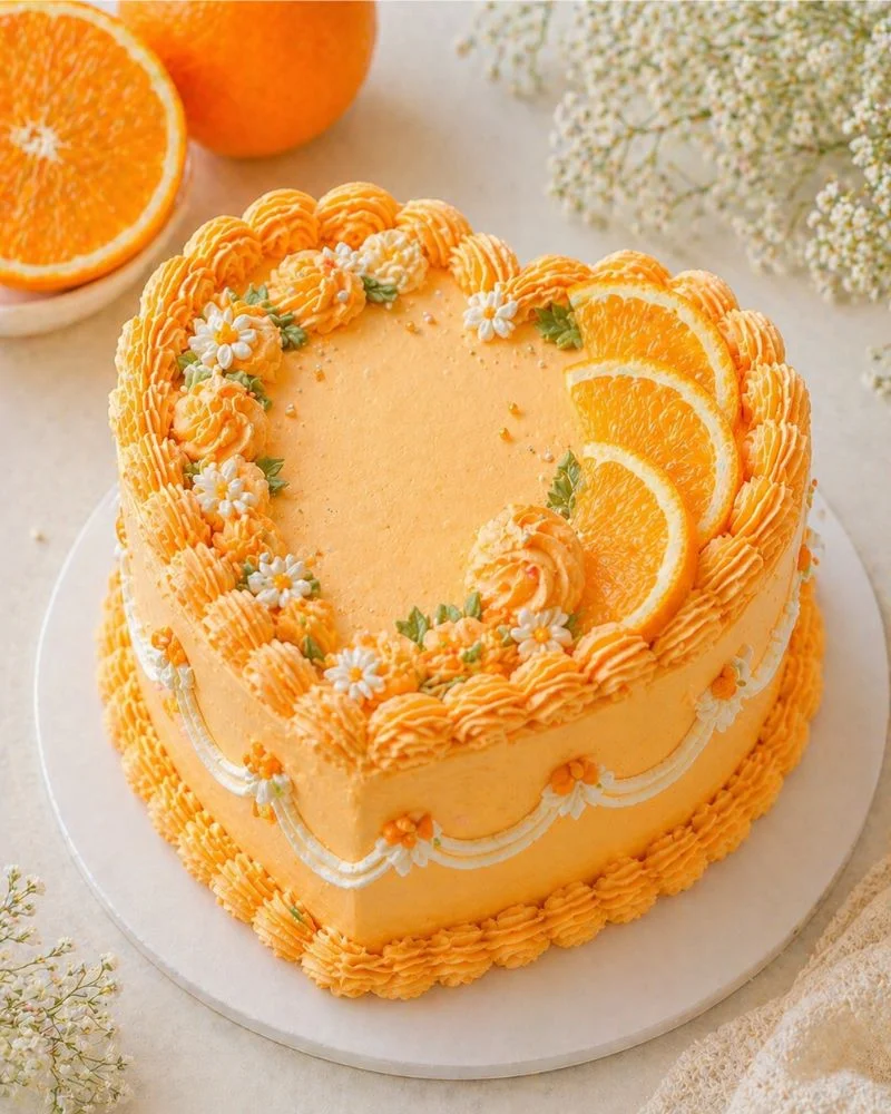 Orange citrus mini heart cake with citrus slices and fresh warm orange tones