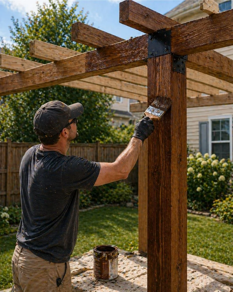 Applying exterior stain to the finished wooden pergola