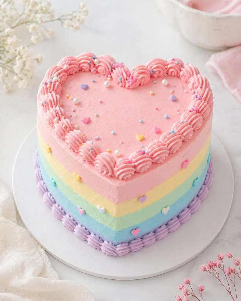 Pastel rainbow mini heart cake with soft pink, blue, yellow and purple swirled buttercream