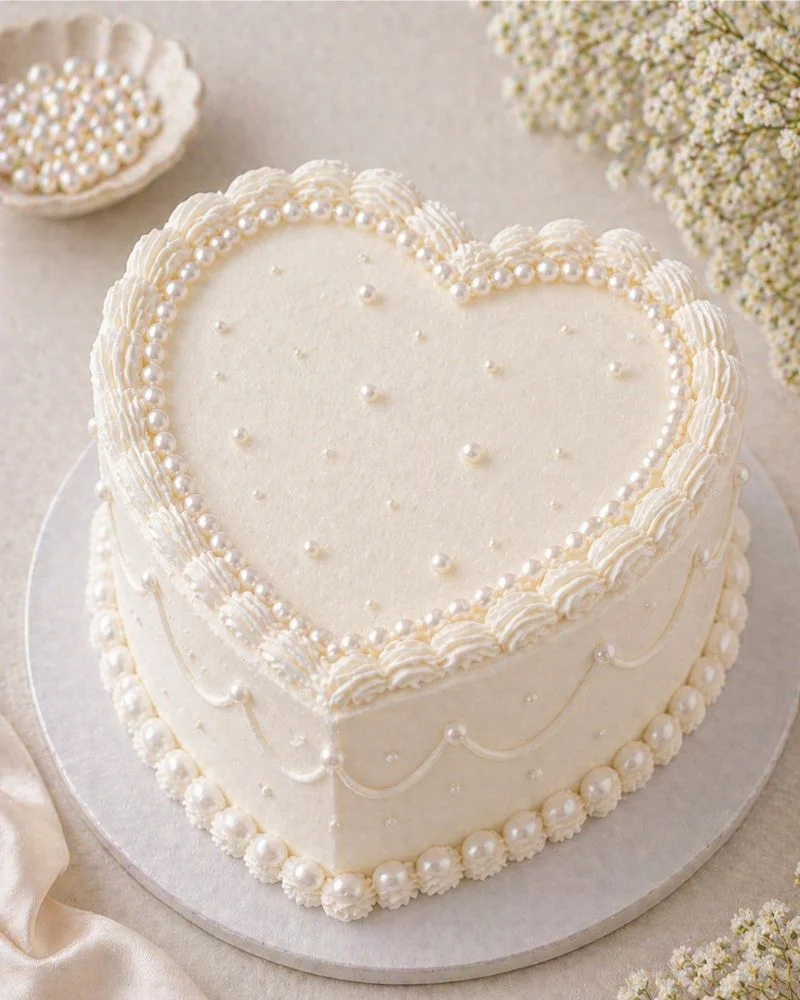 Pearl mini heart cake decorated with edible pearls in elegant style