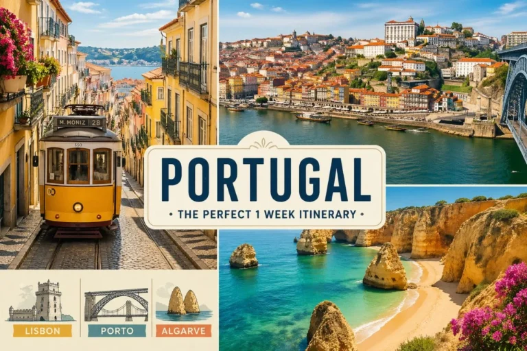 One week Portugal itinerary travel collage Lisbon Porto Algarve
