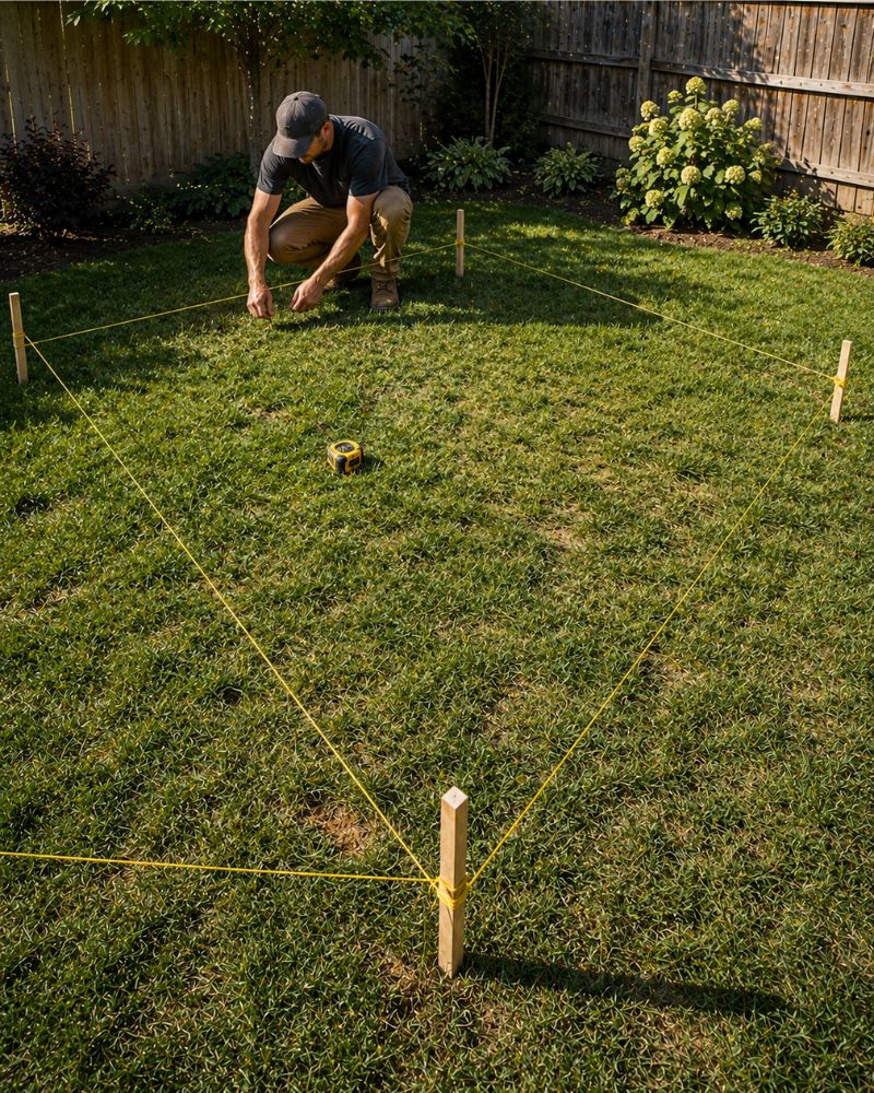 Marking the pergola layout in the yard with stakes and string