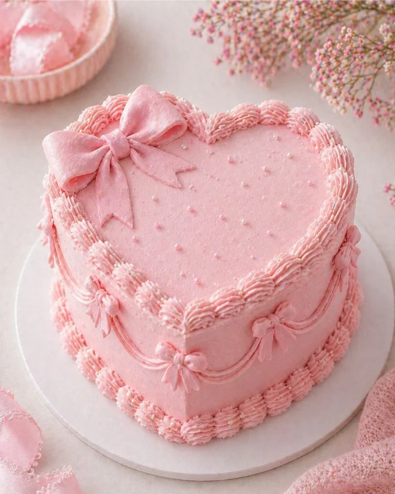 Pink bow mini heart cake with cute small bows on light pink frosting