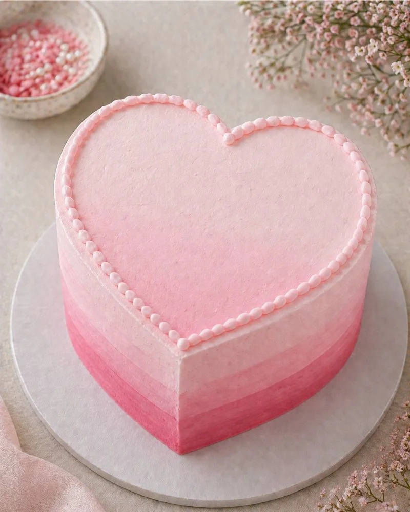 Pink ombre mini heart cake with gradient fading from dark to light pink