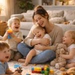 happy mother sitting with four young kids under 4 playing at home real mom life moment