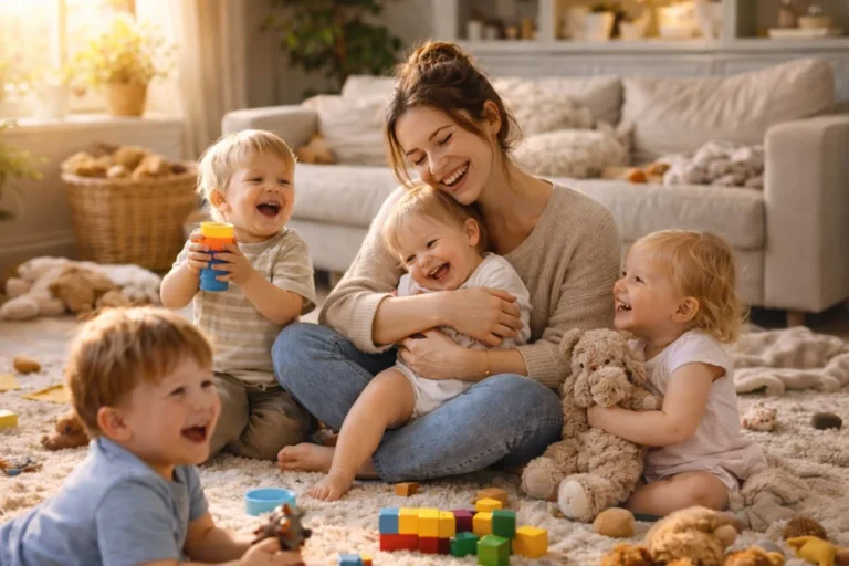happy mother sitting with four young kids under 4 playing at home real mom life moment