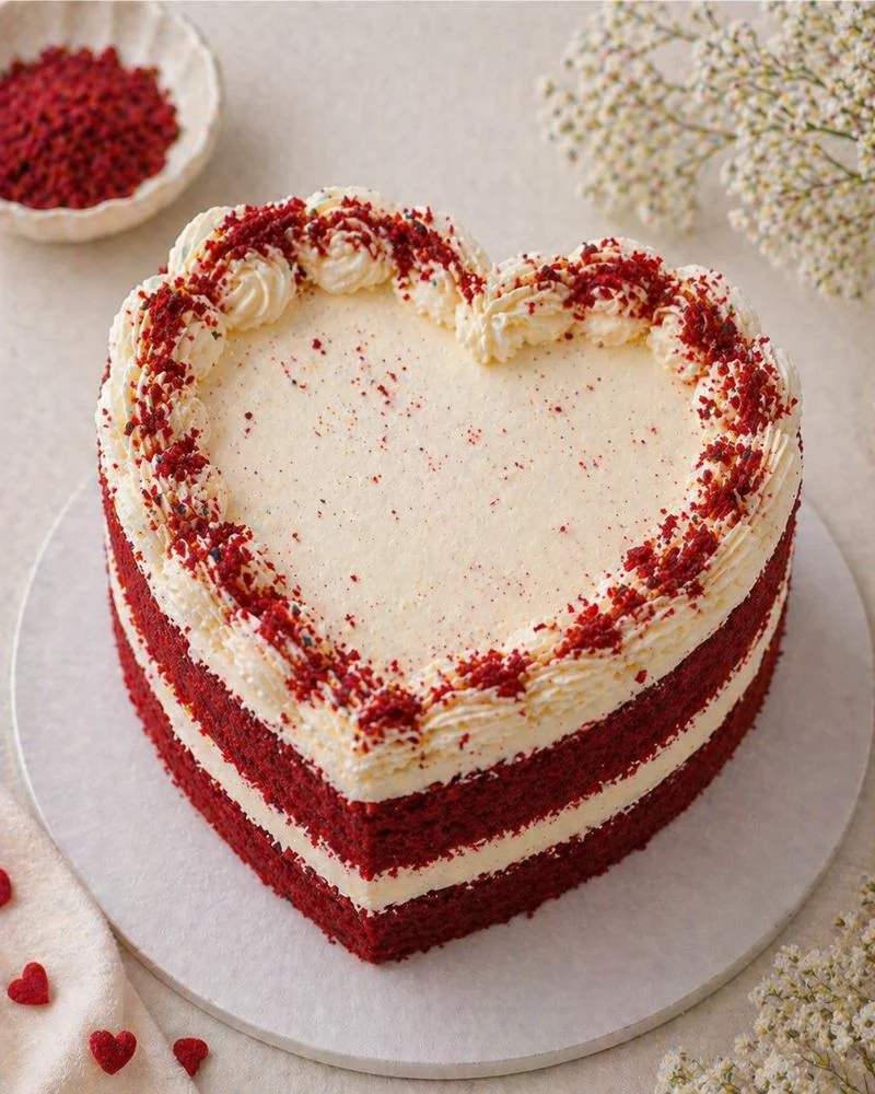 Red velvet mini heart cake with deep red layers and cream frosting