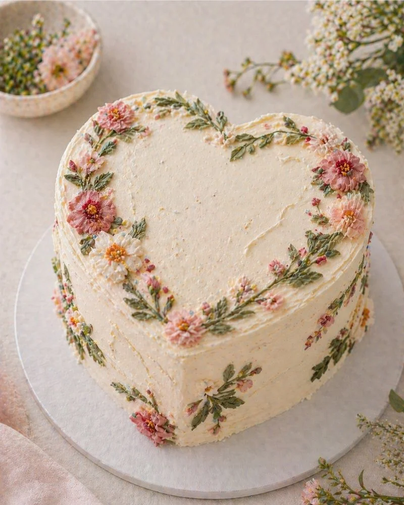 Rustic mini heart cake with textured frosting, flowers and natural leaves