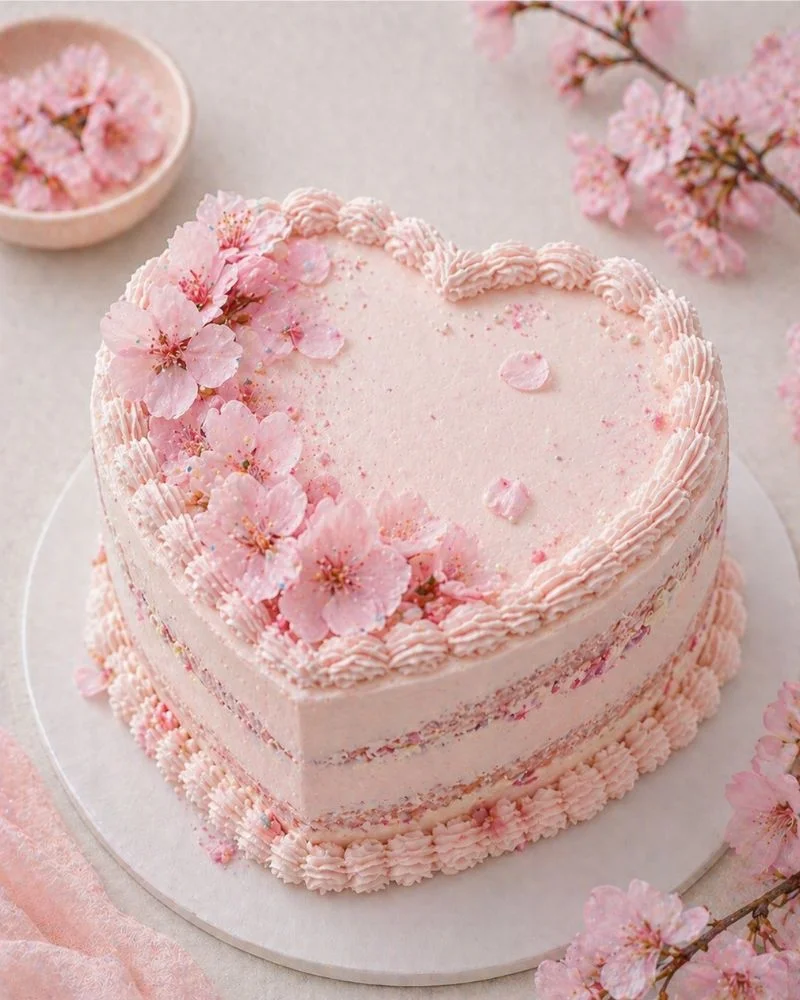 Sakura mini heart cake with cherry blossom design in soft pink