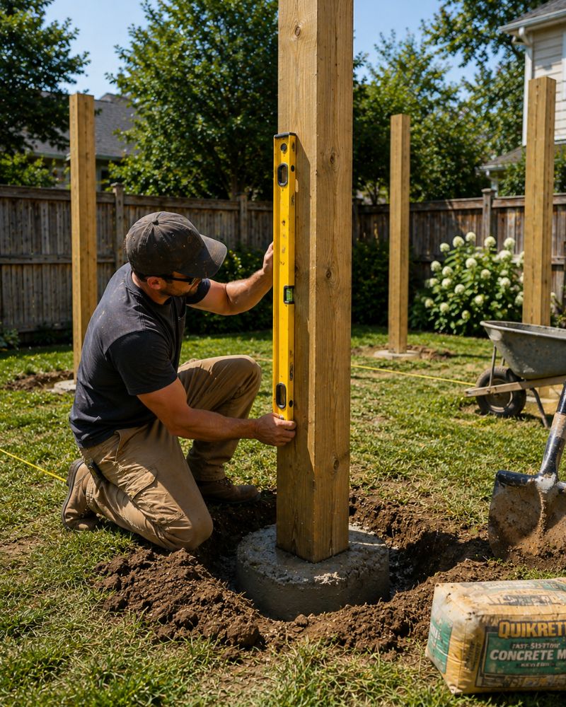 Setting wooden pergola posts in concrete and checking they are level