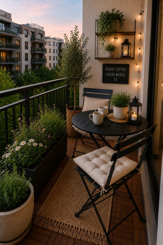 Small balcony with a round bistro table and two chairs