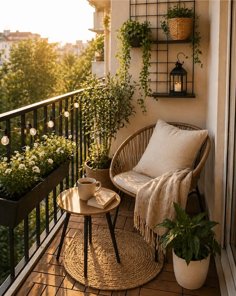 Cozy small balcony setup with a chair, cushions, and potted plants